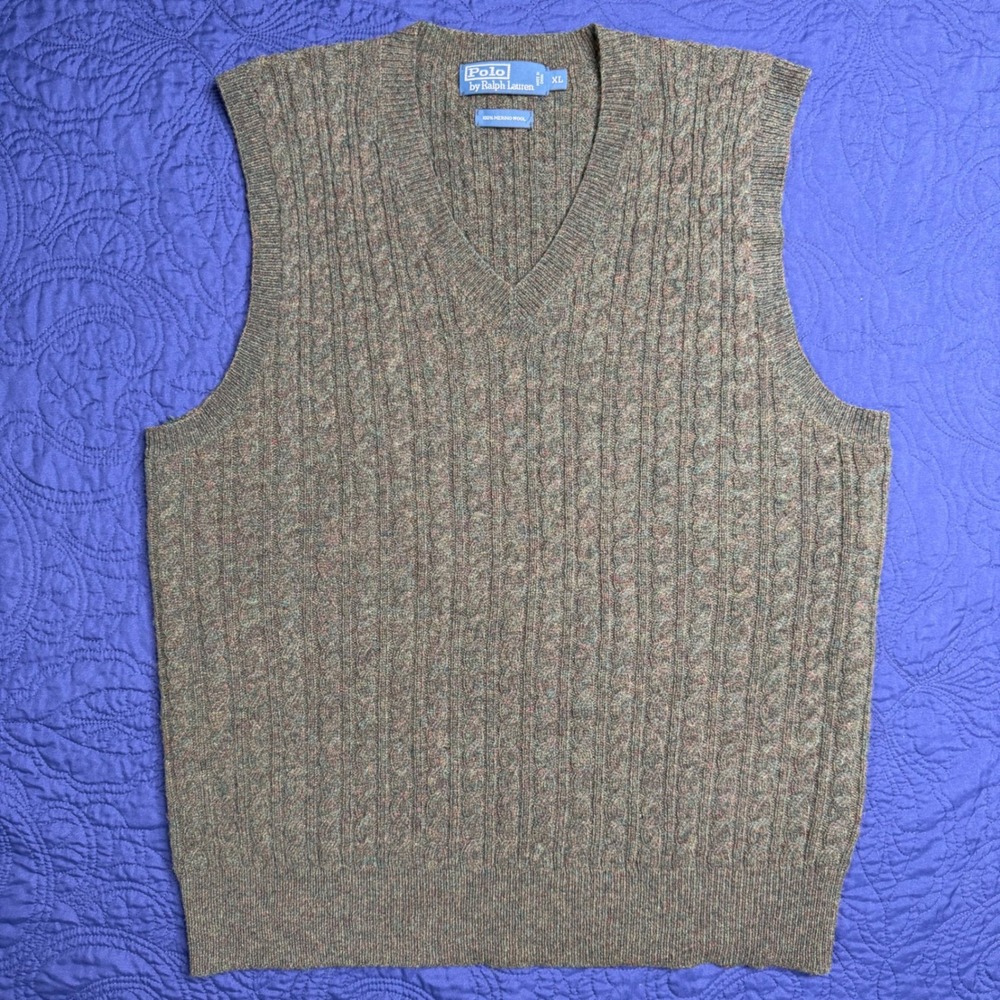 Vintage Polo Ralph Lauren Merino Wool Cable Knit Sweater Vest XL Heathered Olive